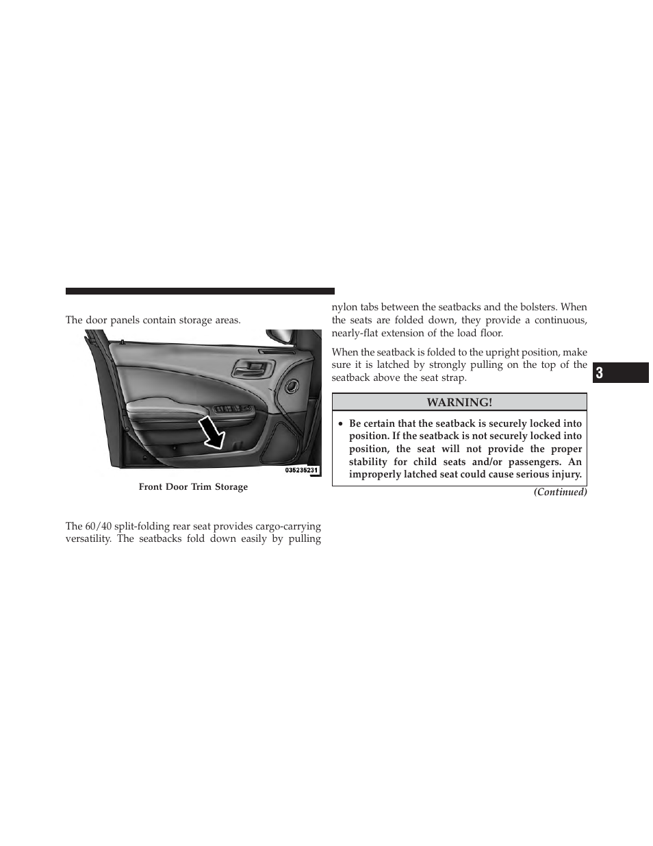 Door storage, Cargo area — vehicles equipped with 60/40, Split-folding rear seat | Dodge 2012 Charger_SRT - Owner Manual User Manual | Page 285 / 571