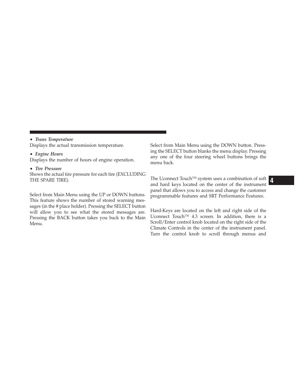 Messages, Turn menu off, Uconnect touch™ settings | Hard-keys | Dodge 2012 Charger_SRT - Owner Manual User Manual | Page 319 / 571