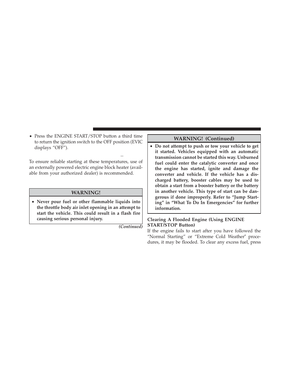 Extreme cold weather (below –20°f or ̺29°c), If engine fails to start, Extreme cold weather (below –20°f or | Ϫ29°c) | Dodge 2012 Charger_SRT - Owner Manual User Manual | Page 374 / 571