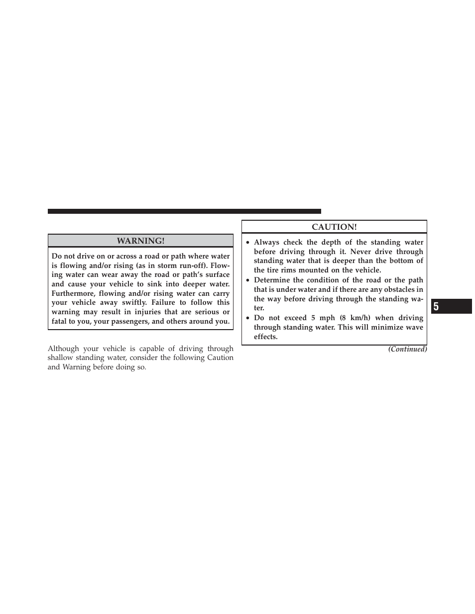 Flowing/rising water, Shallow standing water | Dodge 2012 Charger_SRT - Owner Manual User Manual | Page 389 / 571