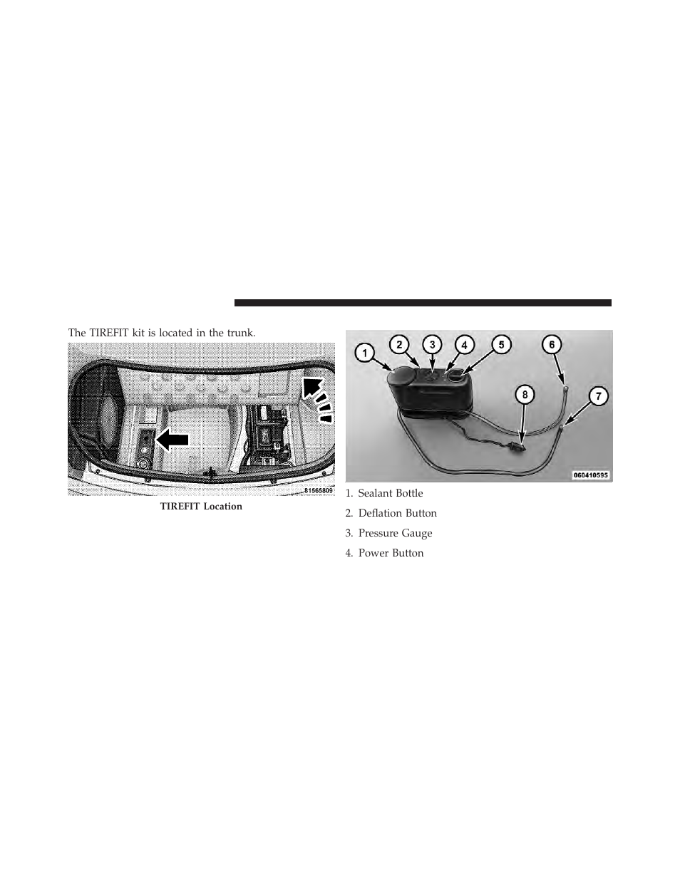 Tirefit storage, Tirefit kit components and operation | Dodge 2012 Charger_SRT - Owner Manual User Manual | Page 450 / 571