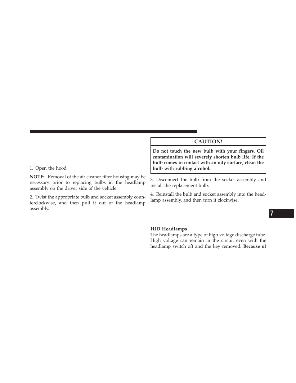 Bulb replacement, Front low beam headlamp, high beam, Front low beam headlamp and park/turn | Dodge 2012 Charger_SRT - Owner Manual User Manual | Page 515 / 571