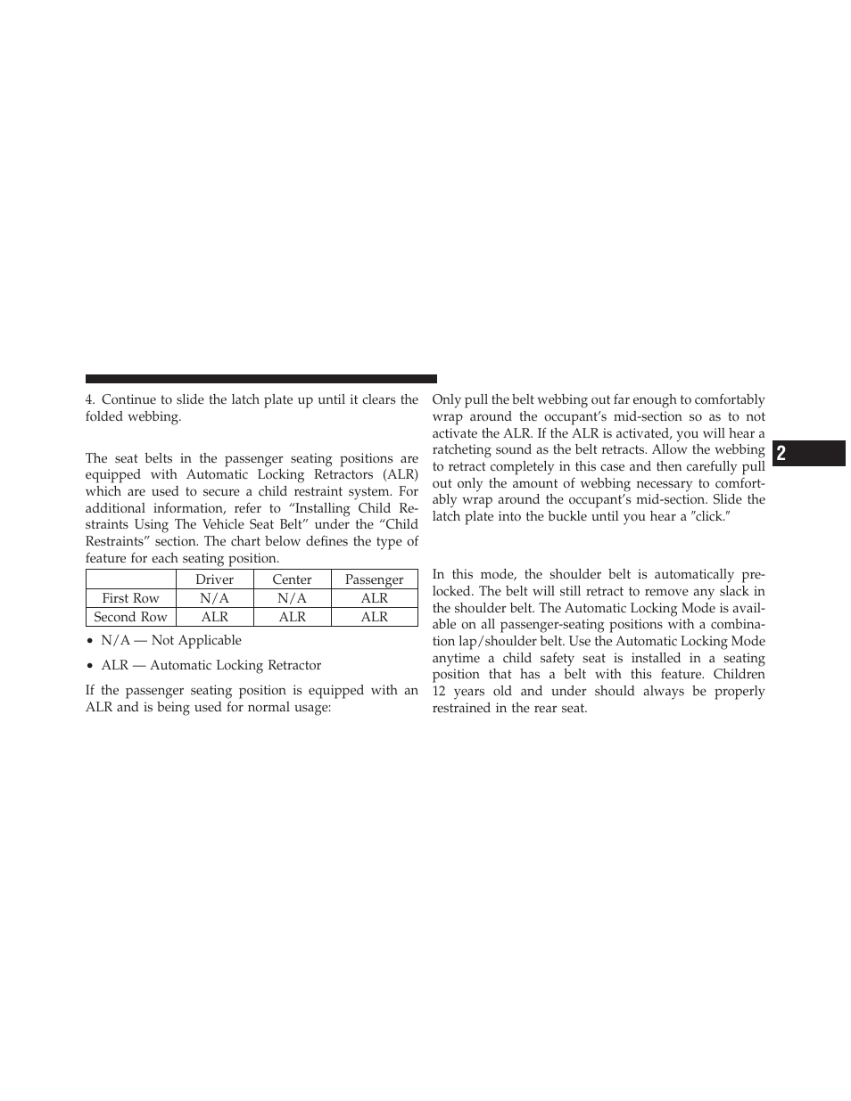 Seat belts in passenger seating positions, Automatic locking retractor mode (alr), If equipped | Dodge 2012 Charger_SRT - Owner Manual User Manual | Page 53 / 571