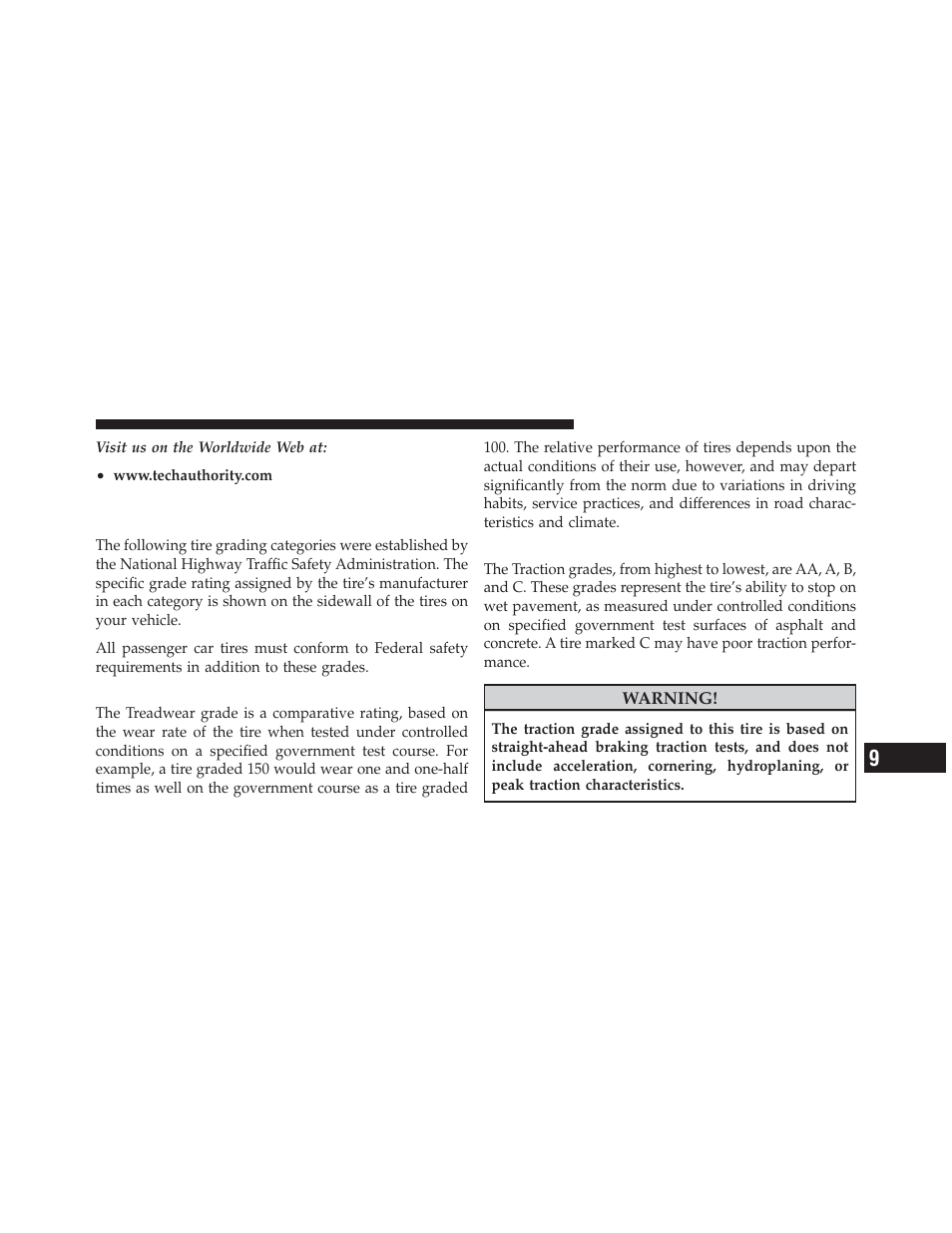 Treadwear, Traction grades, Department of transportation uniform tire | Quality grades | Dodge 2012 Charger_SRT - Owner Manual User Manual | Page 547 / 571