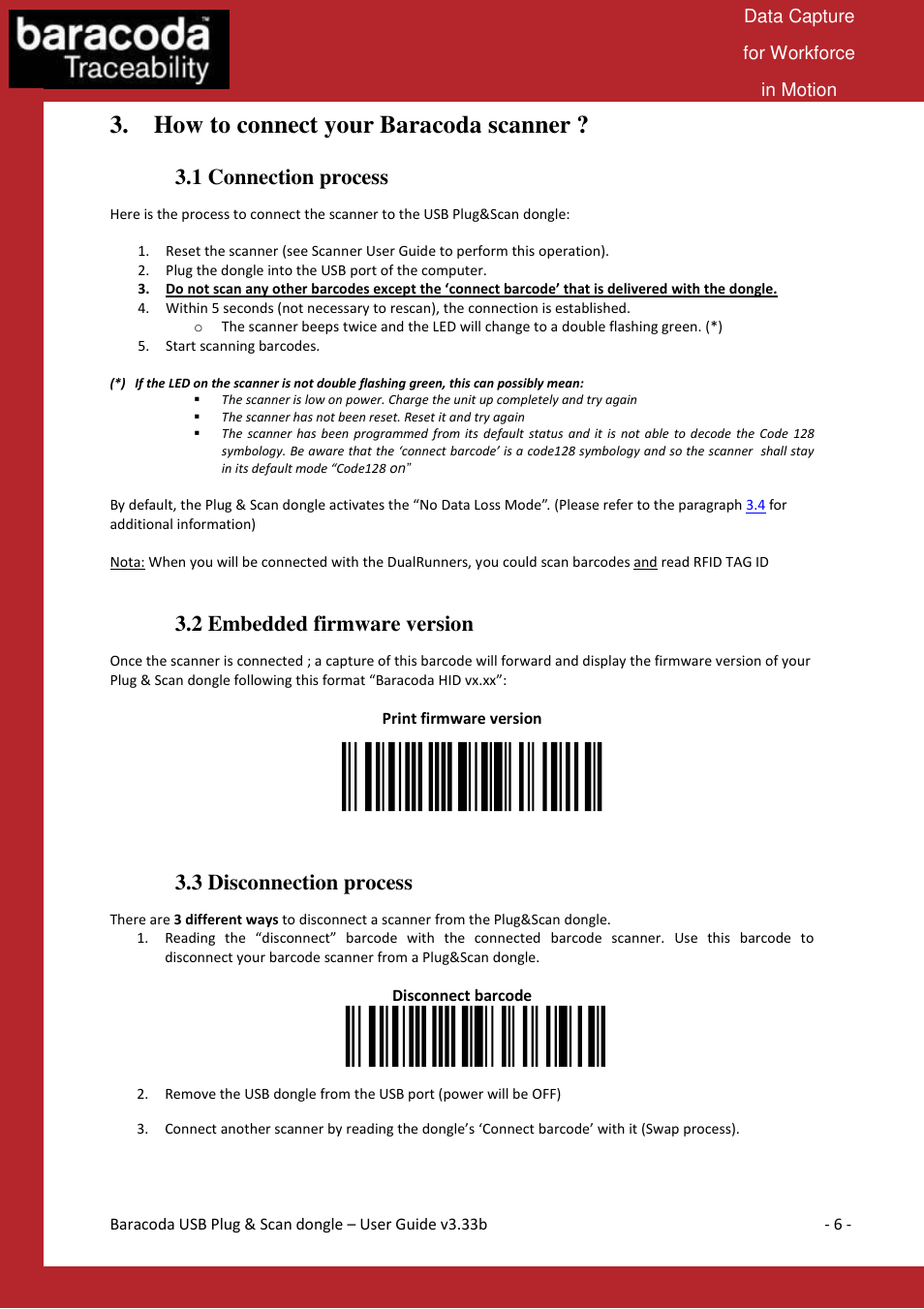 How to connect your baracoda scanner, 1 connection process, 2 embedded firmware version | 3 disconnection process | Baracoda Computer Drive User Manual | Page 6 / 16