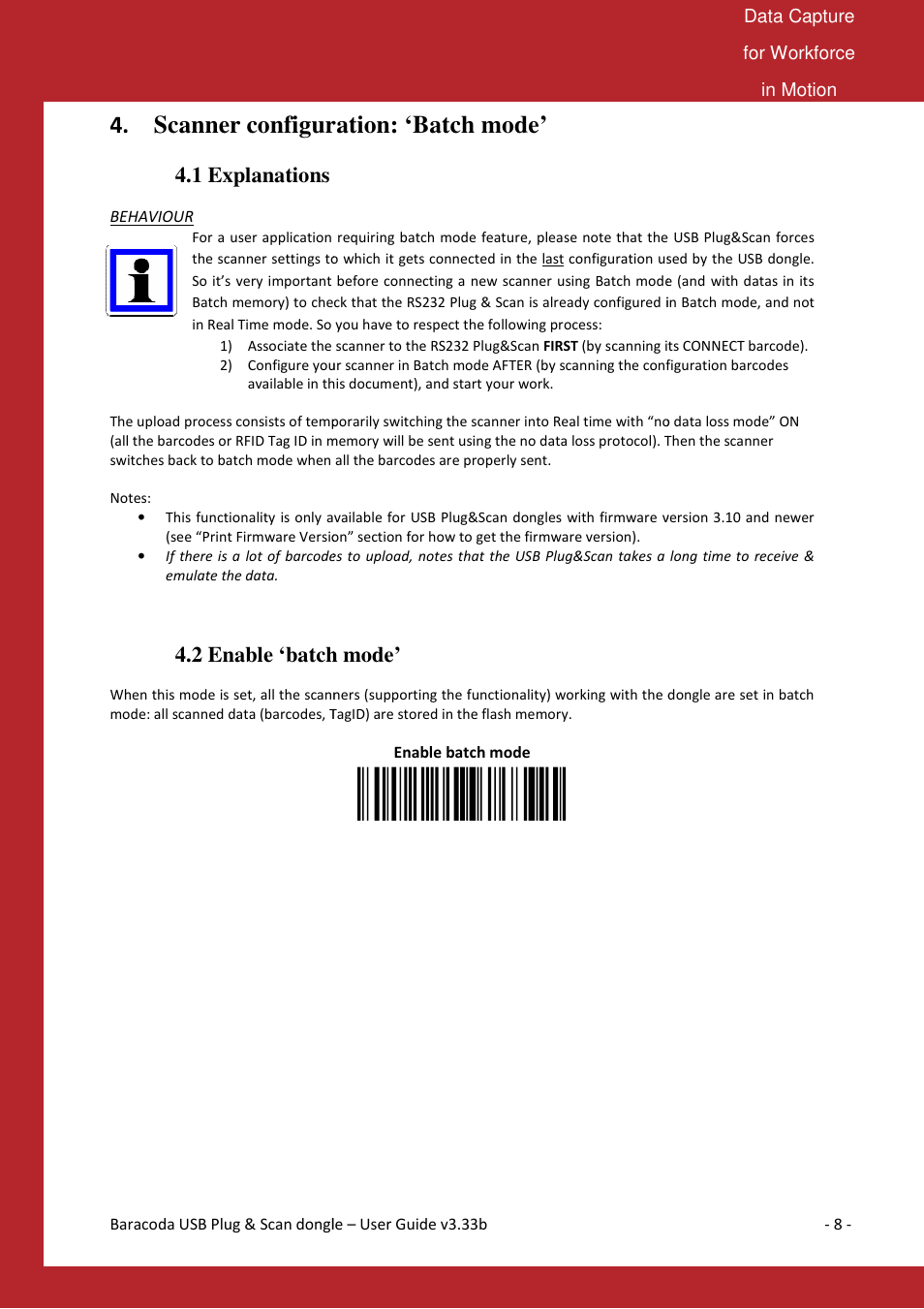 Scanner configuration: ‘batch mode, Configuration: ‘batch mode, 1 explanations | 2 enable ‘batch mode | Baracoda Computer Drive User Manual | Page 8 / 16