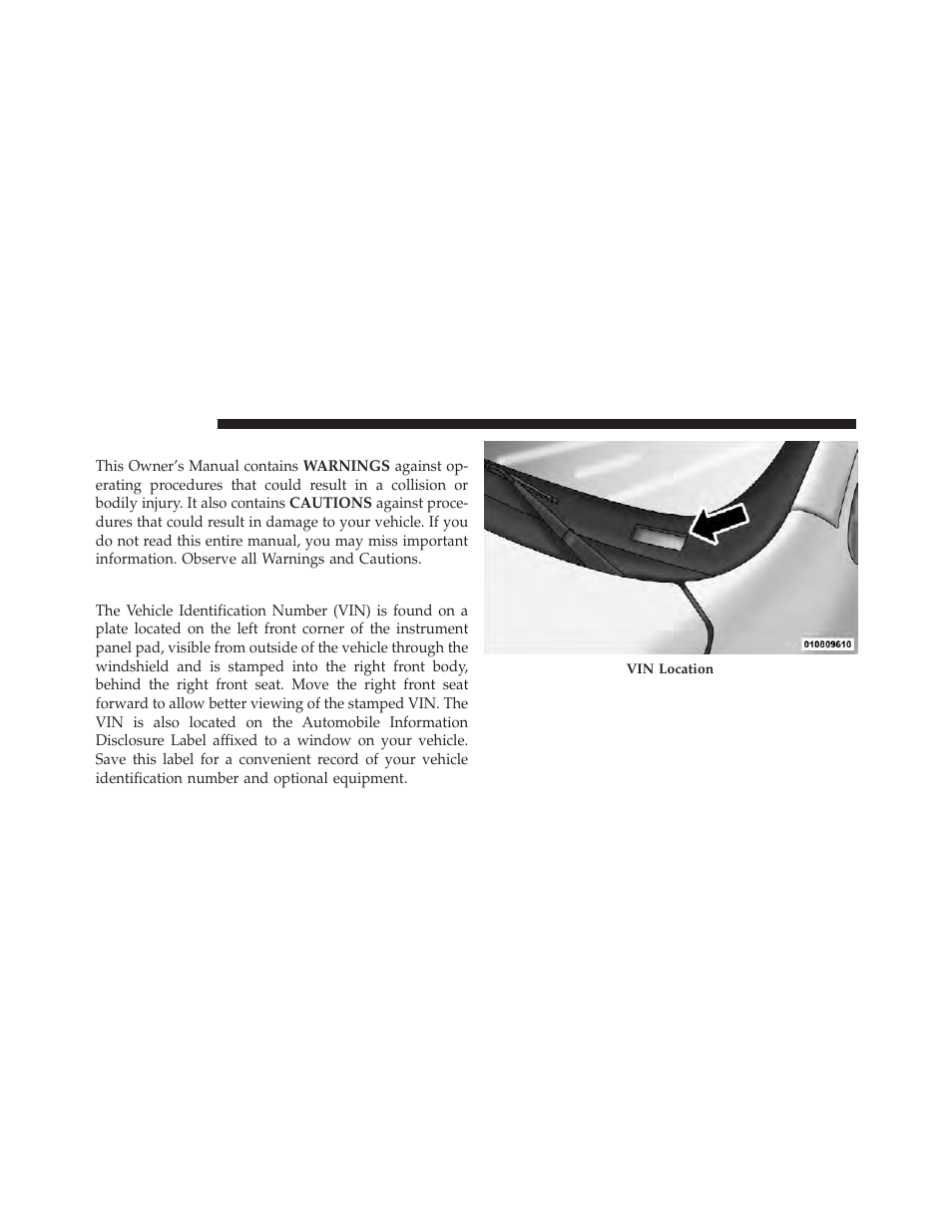 Warnings and cautions, Vehicle identification number | Dodge 2012 Durango - Owner Manual User Manual | Page 10 / 686