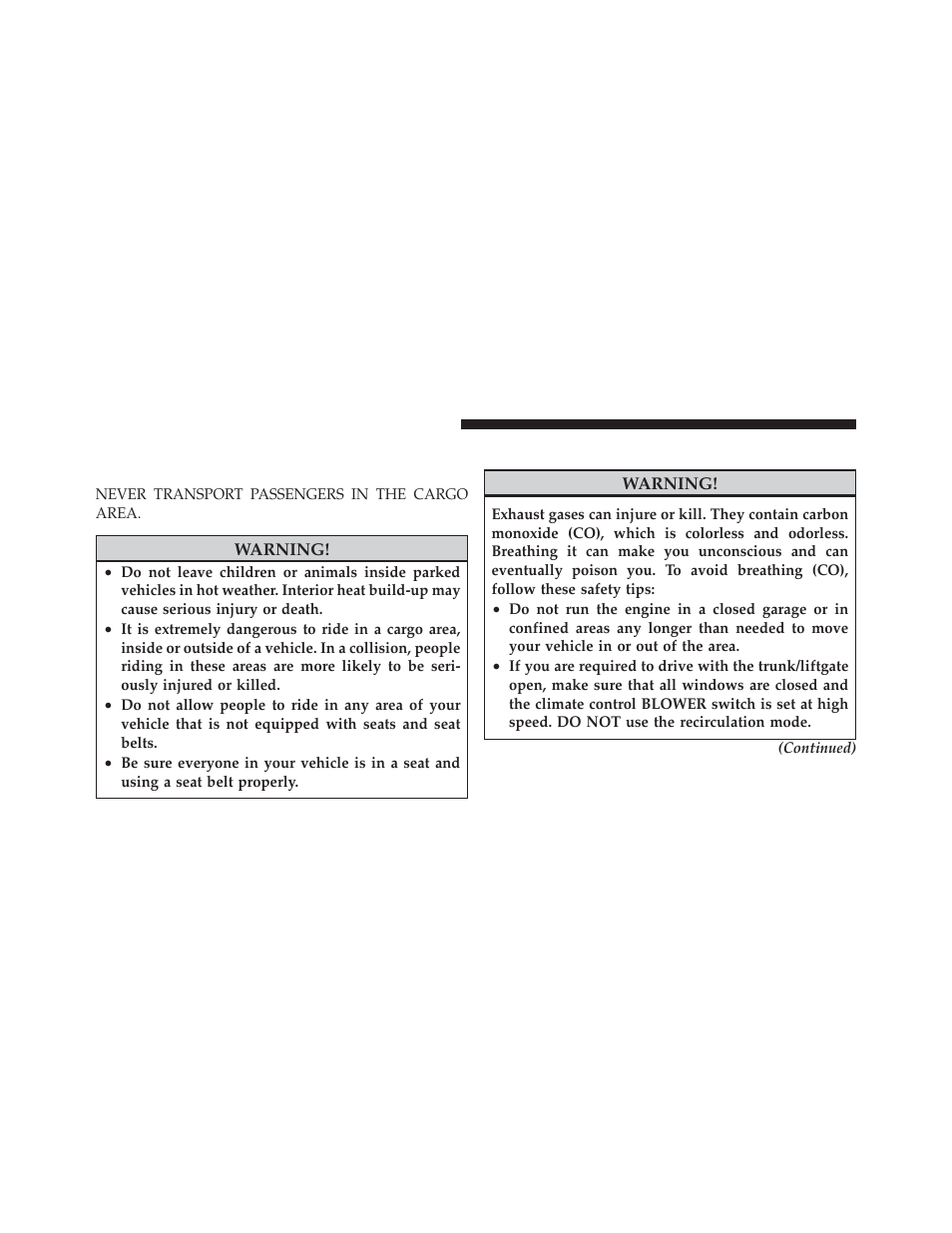 Safety tips, Transporting passengers, Exhaust gas | Periodic safety checks you should make, Outside the vehicle | Dodge 2012 Durango - Owner Manual User Manual | Page 100 / 686