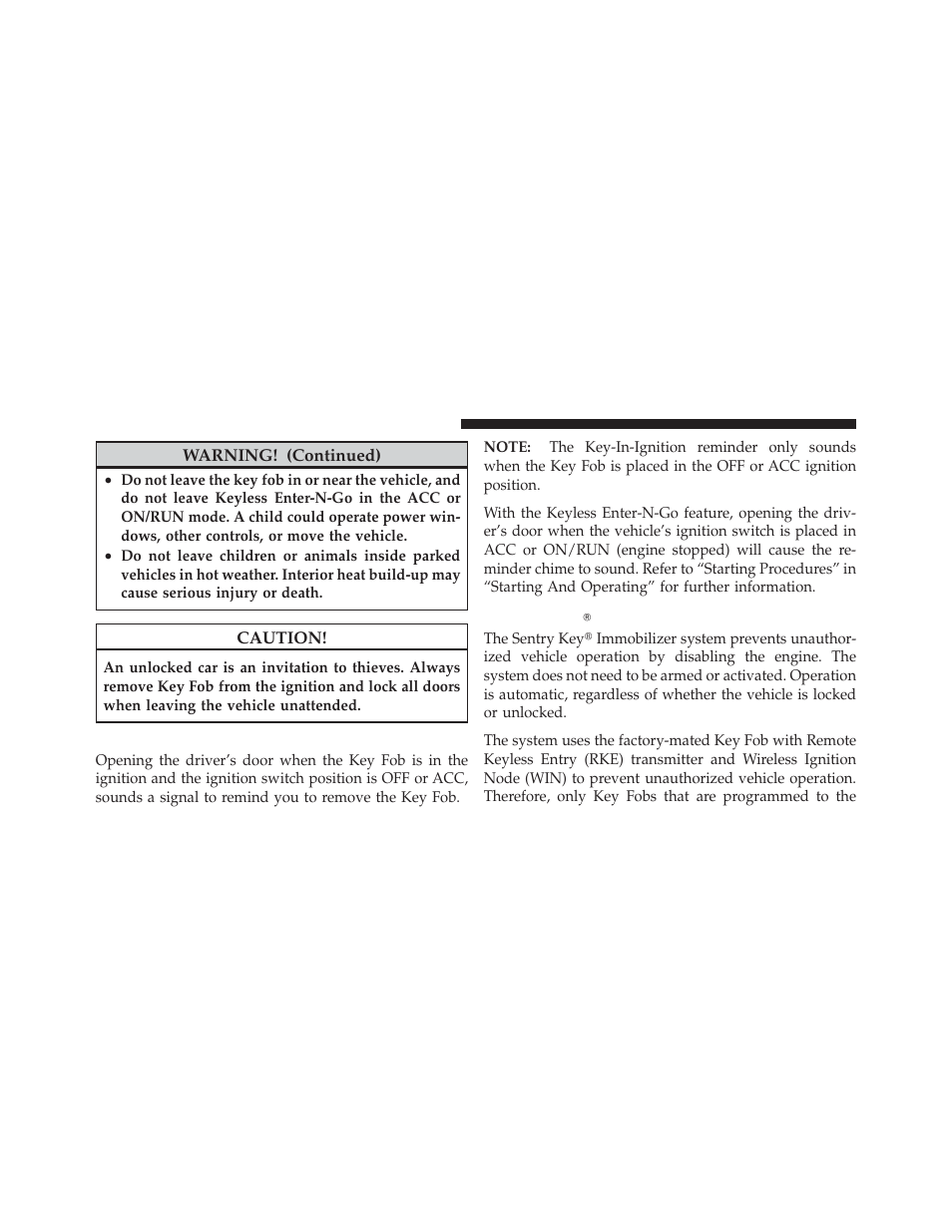 Key-in-ignition reminder, Sentry keyĥ, Sentry key | Dodge 2012 Durango - Owner Manual User Manual | Page 20 / 686