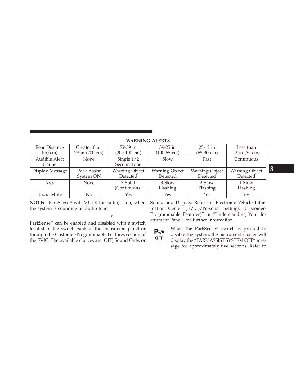 Enabling and disabling parksenseĥ, Turning parkview௡ on or off — without, Navigation/multimedia radio | Dodge 2012 Durango - Owner Manual User Manual | Page 243 / 686