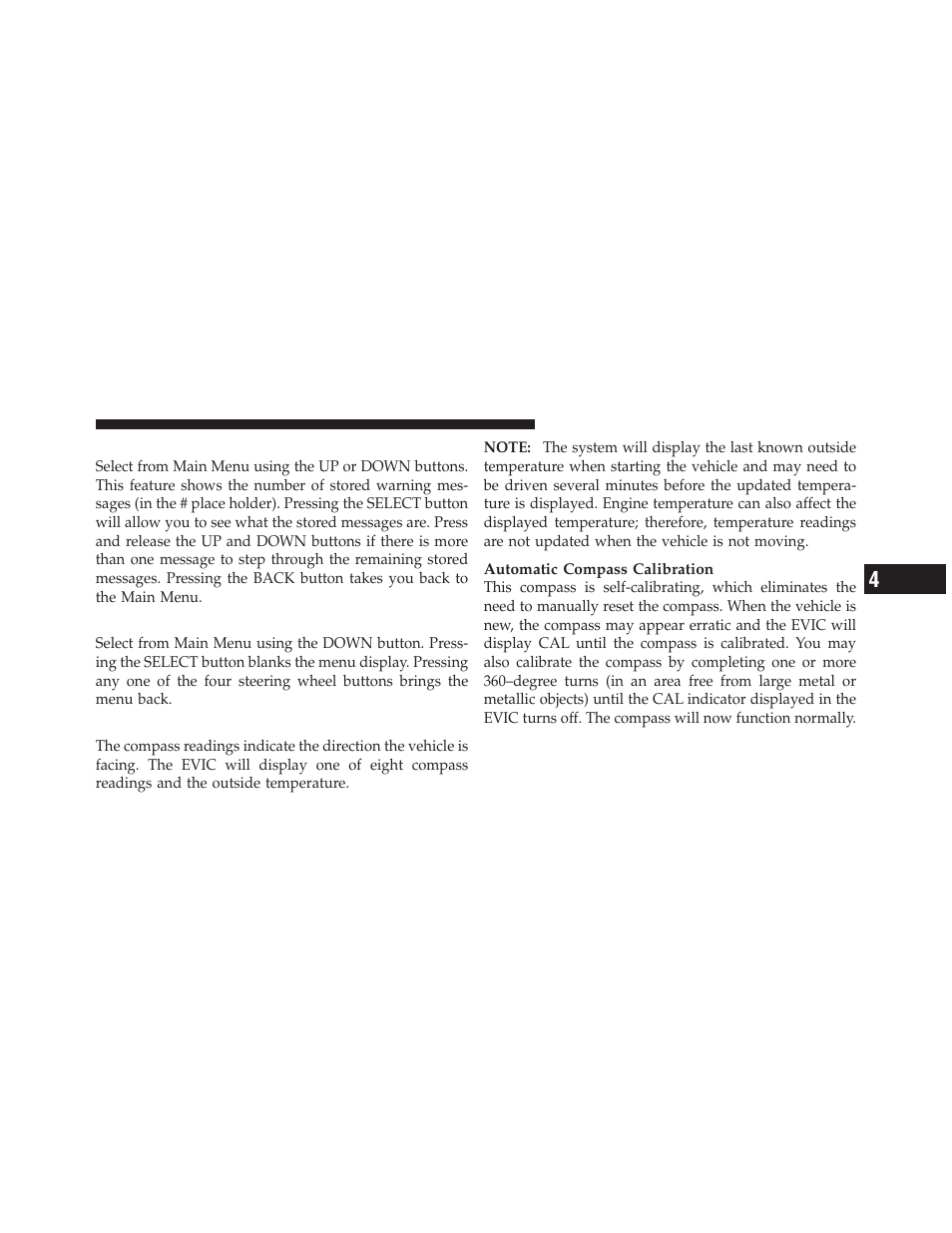Messages, Turn menu off, Compass / temperature display | Keyless enter-n-go, Display — if equipped | Dodge 2012 Durango - Owner Manual User Manual | Page 329 / 686