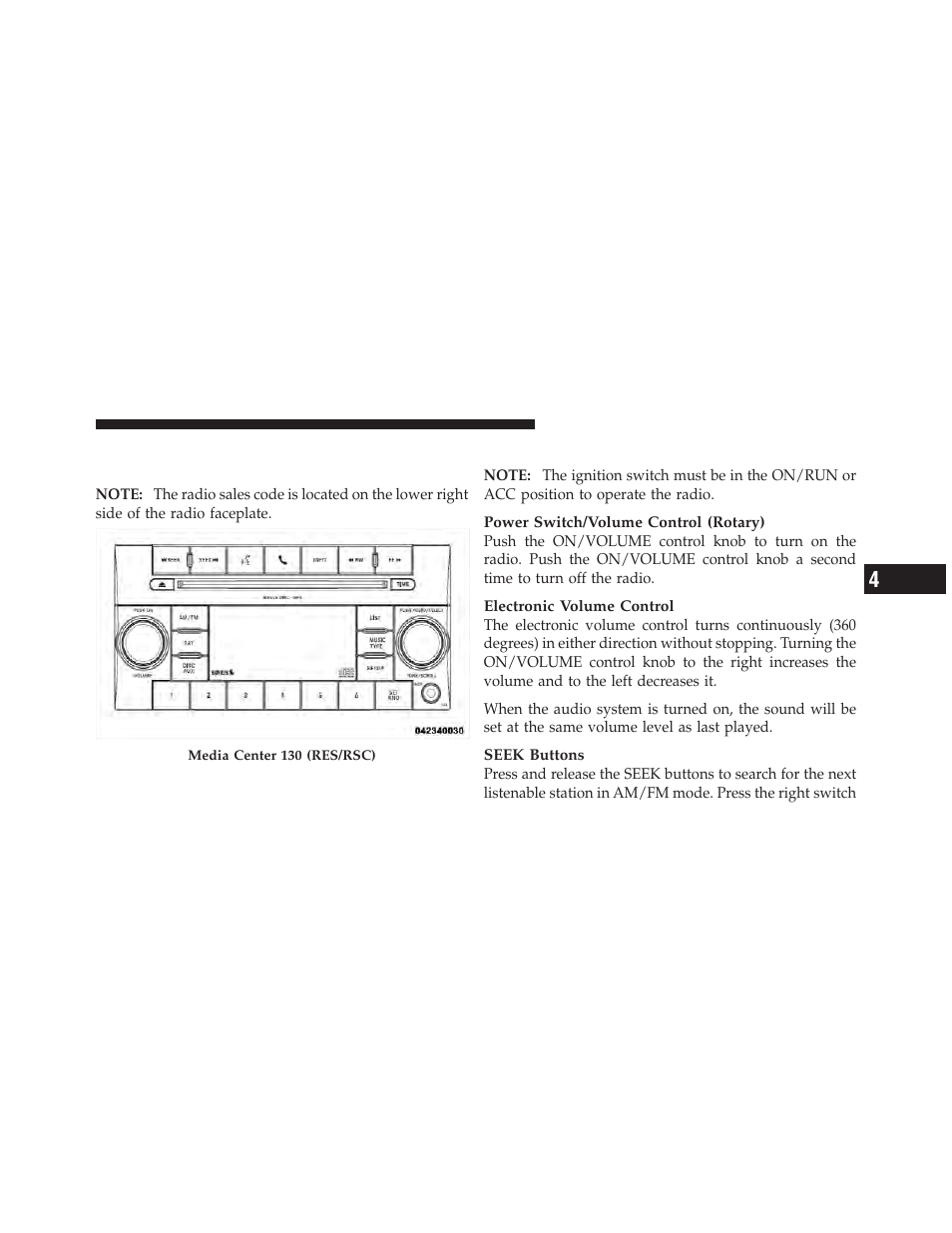 Operating instructions — radio mode, Media center 130 with satellite radio, Sales code res+rsc) | Dodge 2012 Durango - Owner Manual User Manual | Page 351 / 686