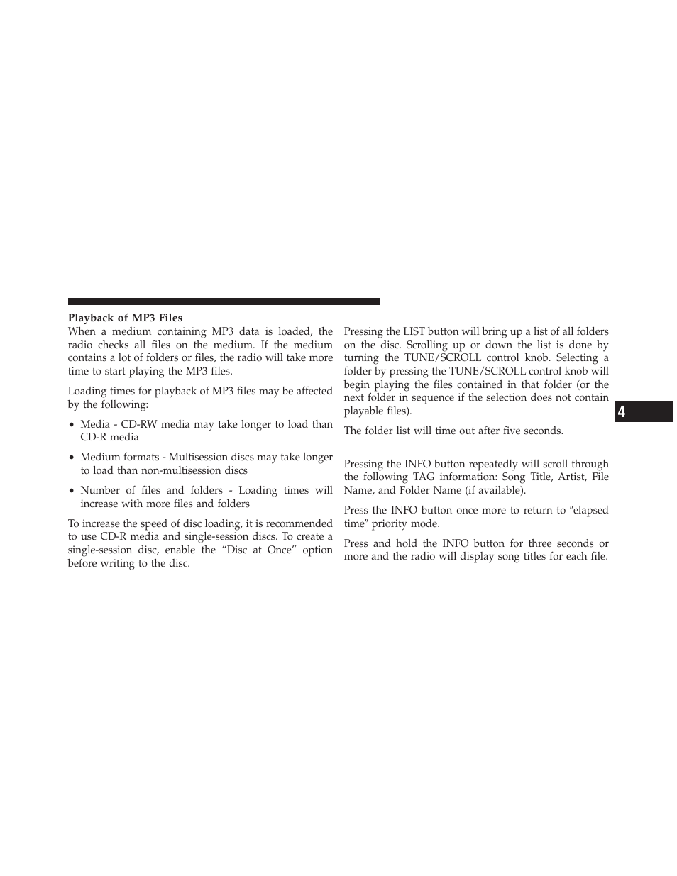 List button (cd mode for mp3 play), Info button (cd mode for mp3 play) | Dodge 2012 Durango - Owner Manual User Manual | Page 361 / 686