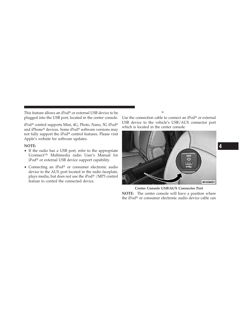 Connecting the ipodĥ or external usb device, Controlling the ipod௡ or external usb, Device using radio buttons | Dodge 2012 Durango - Owner Manual User Manual | Page 367 / 686