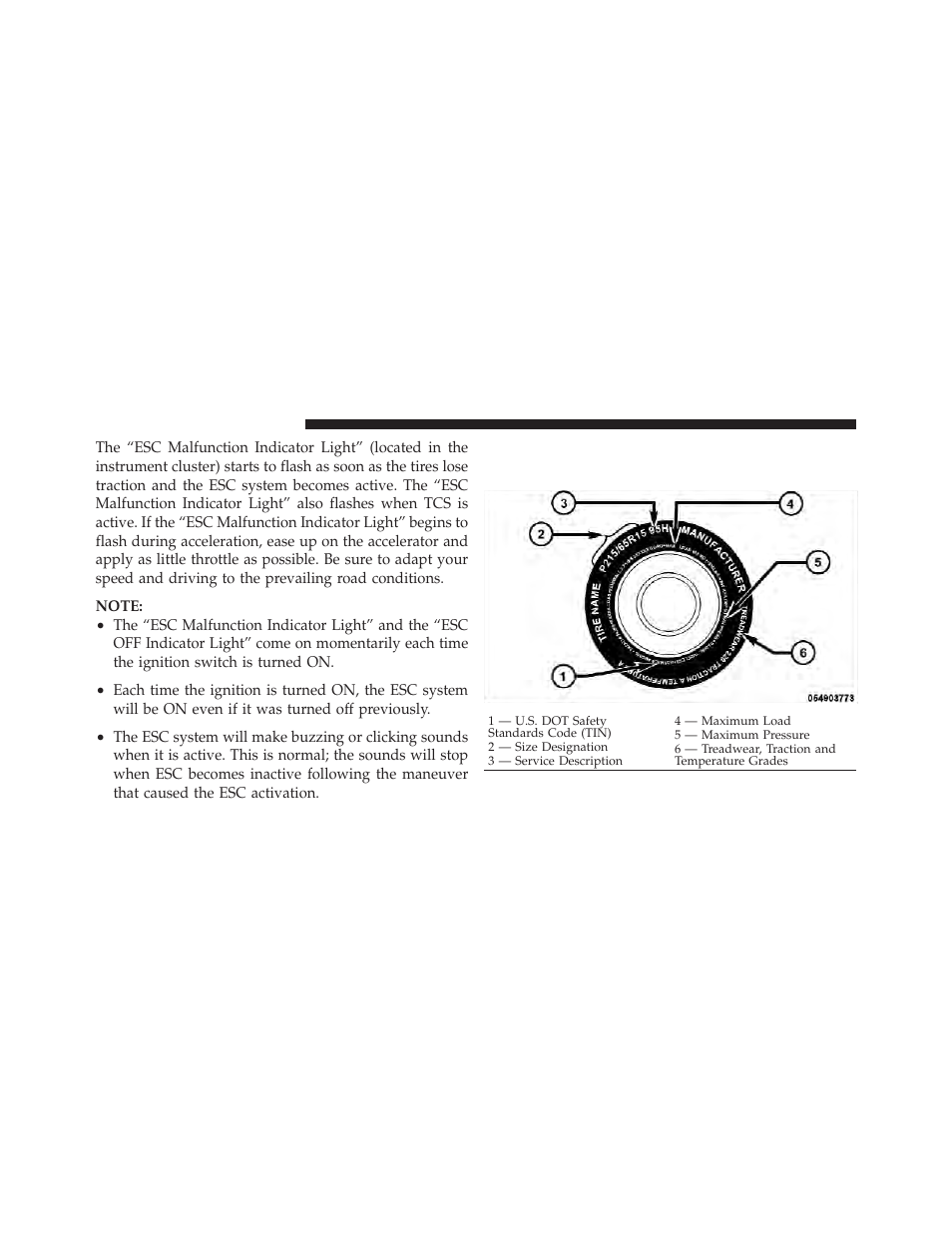 Tire safety information, Tire markings, Rain brake support | Esc malfunction indicator light and esc, Off indicator light | Dodge 2012 Durango - Owner Manual User Manual | Page 480 / 686