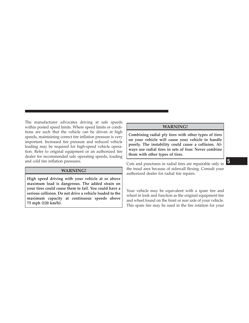 Tire pressures for high speed operation, Radial-ply tires | Dodge 2012 Durango - Owner Manual User Manual | Page 493 / 686