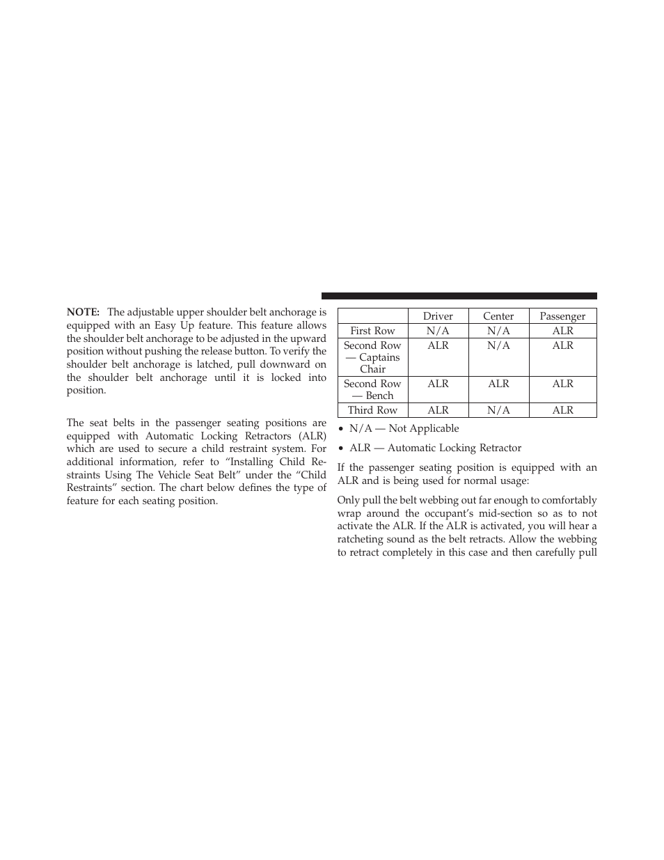 Seat belts in passenger seating positions, Automatic locking retractor mode (alr), If equipped | Dodge 2012 Durango - Owner Manual User Manual | Page 60 / 686