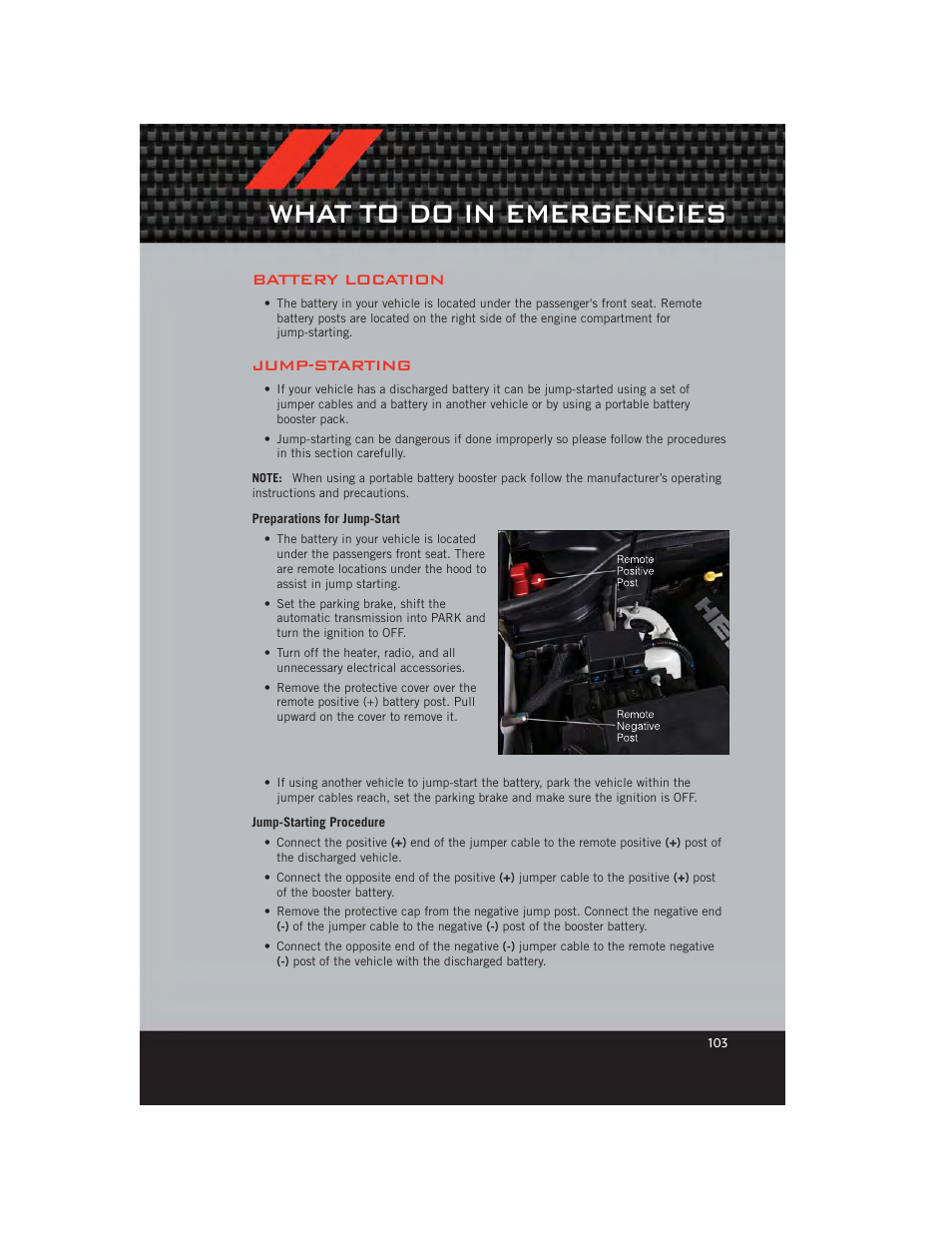 Battery location, Jump-starting, Preparations for jump-start | Jump-starting procedure, What to do in emergencies | Dodge 2012 Durango - User Guide User Manual | Page 105 / 140