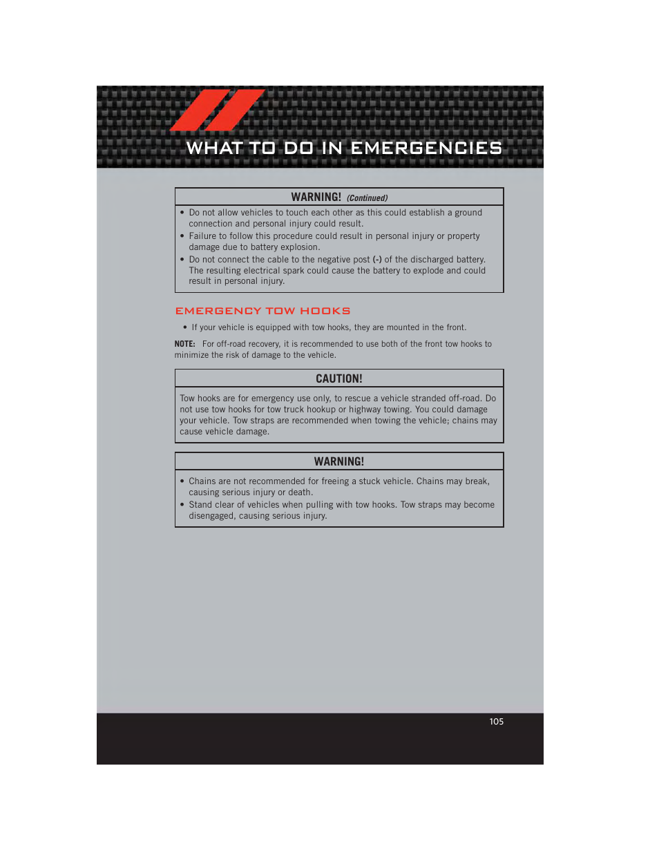 Emergency tow hooks, What to do in emergencies | Dodge 2012 Durango - User Guide User Manual | Page 107 / 140