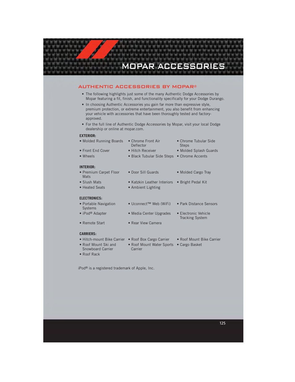 Mopar accessories, Authentic accessories by mopar | Dodge 2012 Durango - User Guide User Manual | Page 127 / 140