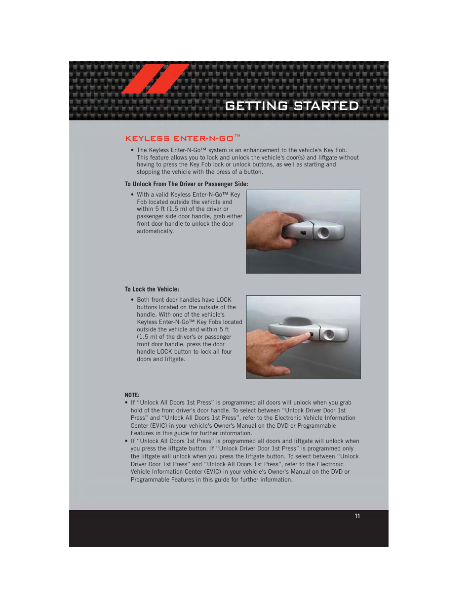 Keyless enter-n-go, To unlock from the driver or passenger side, To lock the vehicle | Getting started | Dodge 2012 Durango - User Guide User Manual | Page 13 / 140