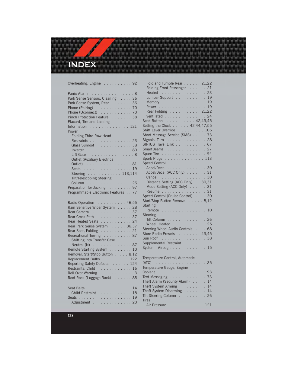 Index | Dodge 2012 Durango - User Guide User Manual | Page 130 / 140