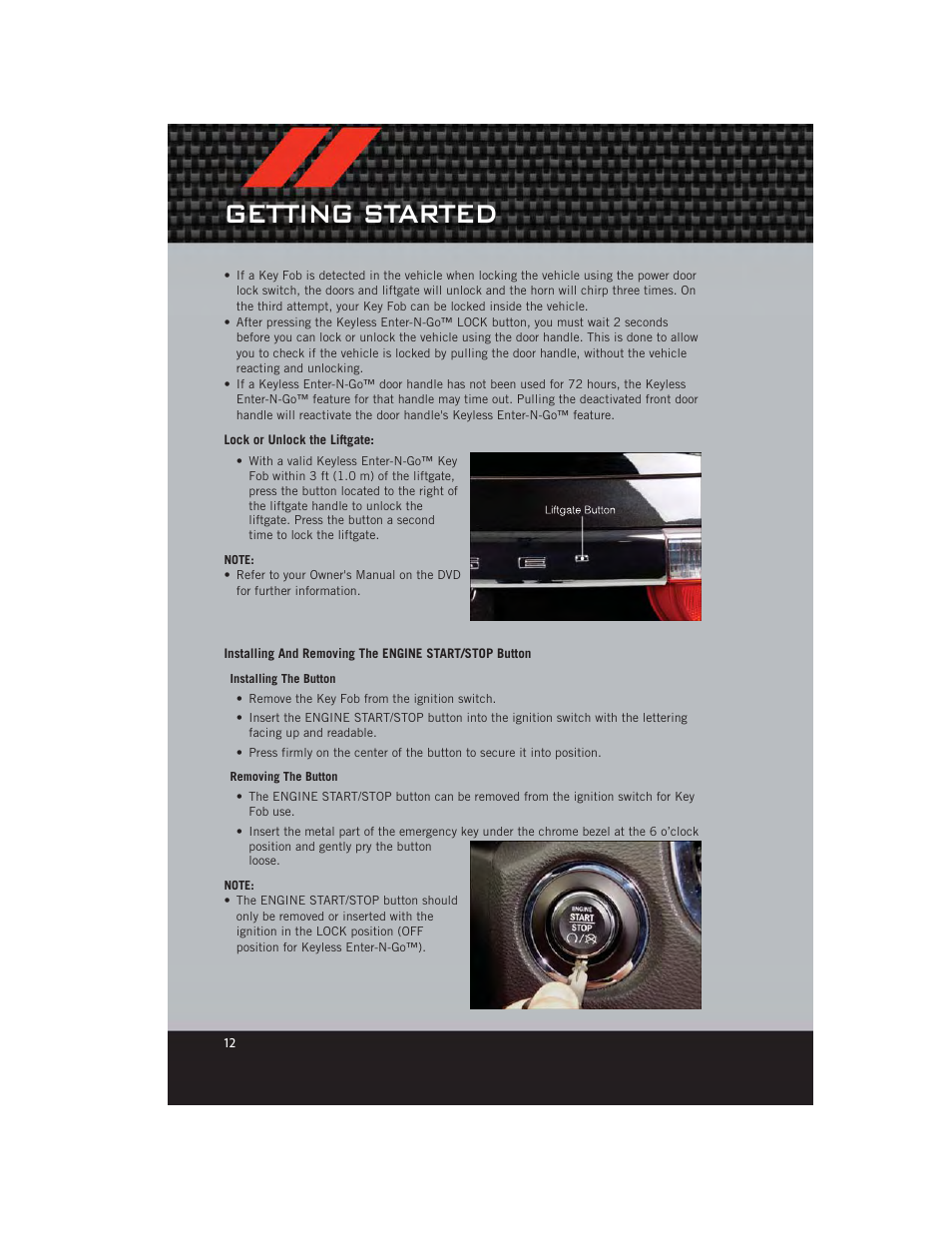 Lock or unlock the liftgate, Getting started | Dodge 2012 Durango - User Guide User Manual | Page 14 / 140