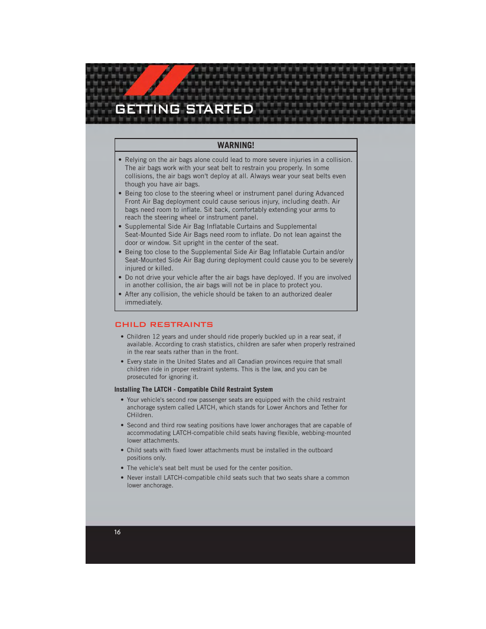 Child restraints, Getting started | Dodge 2012 Durango - User Guide User Manual | Page 18 / 140