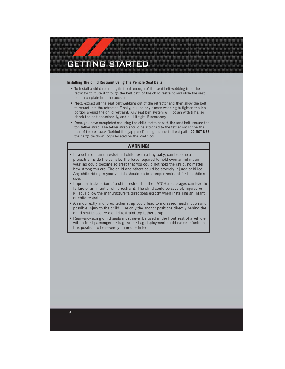 Getting started | Dodge 2012 Durango - User Guide User Manual | Page 20 / 140