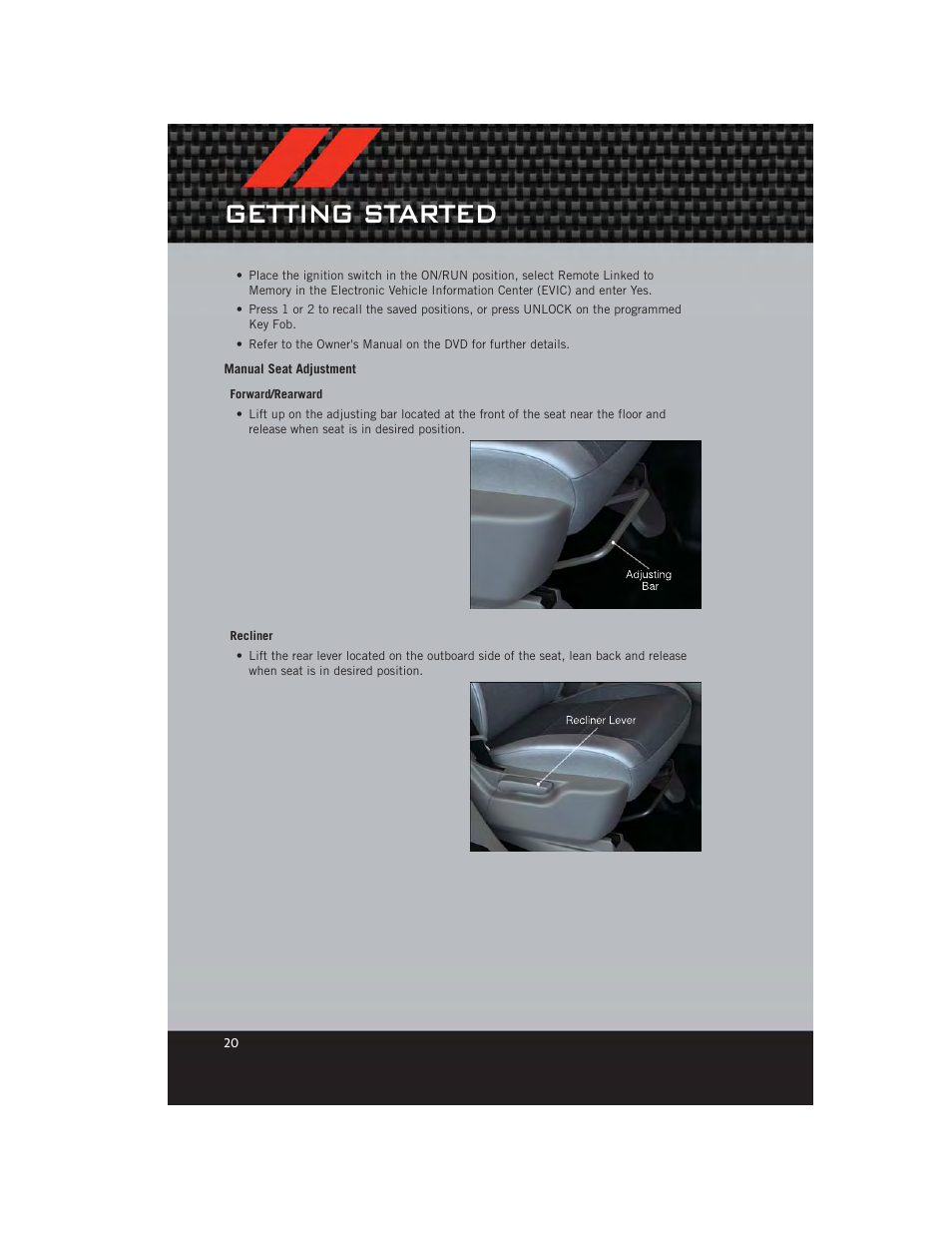 Manual seat adjustment, Getting started | Dodge 2012 Durango - User Guide User Manual | Page 22 / 140