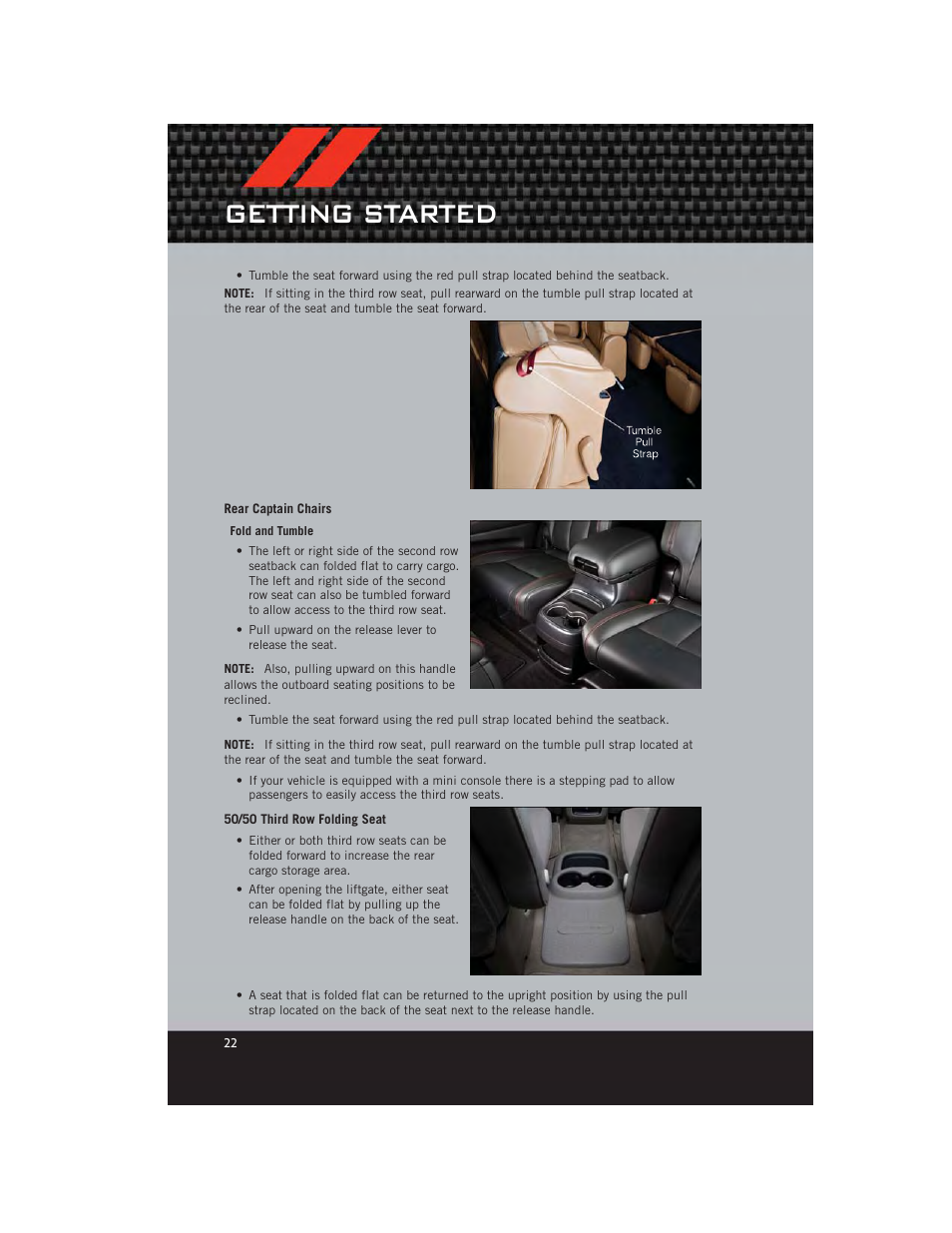 Rear captain chairs, 50/50 third row folding seat, Getting started | Dodge 2012 Durango - User Guide User Manual | Page 24 / 140
