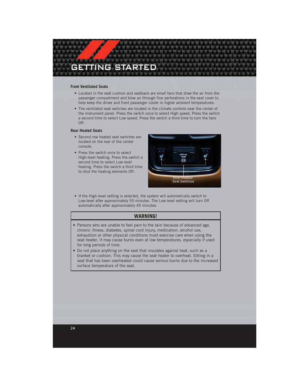 Front ventilated seats, Rear heated seats, Getting started | Dodge 2012 Durango - User Guide User Manual | Page 26 / 140