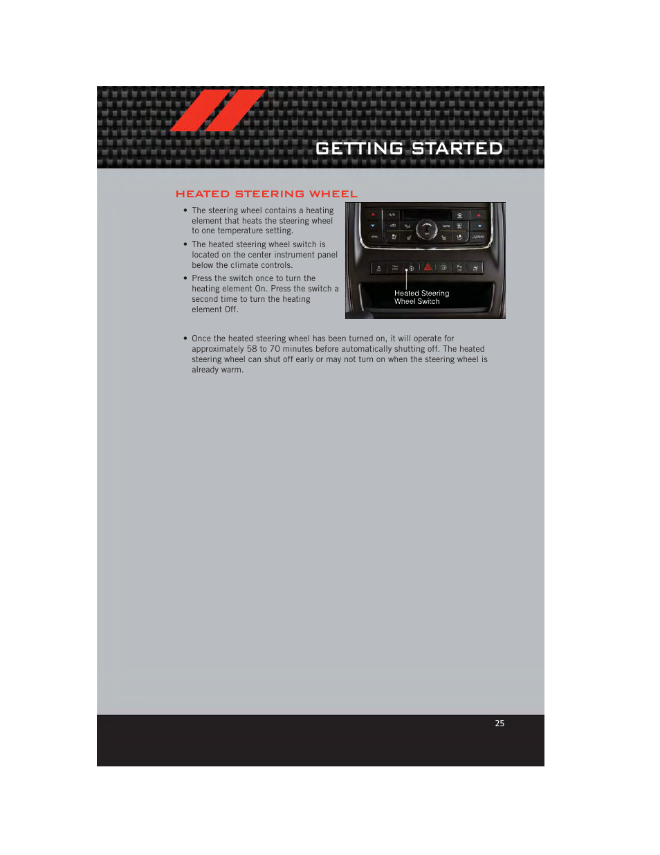 Heated steering wheel, Getting started | Dodge 2012 Durango - User Guide User Manual | Page 27 / 140
