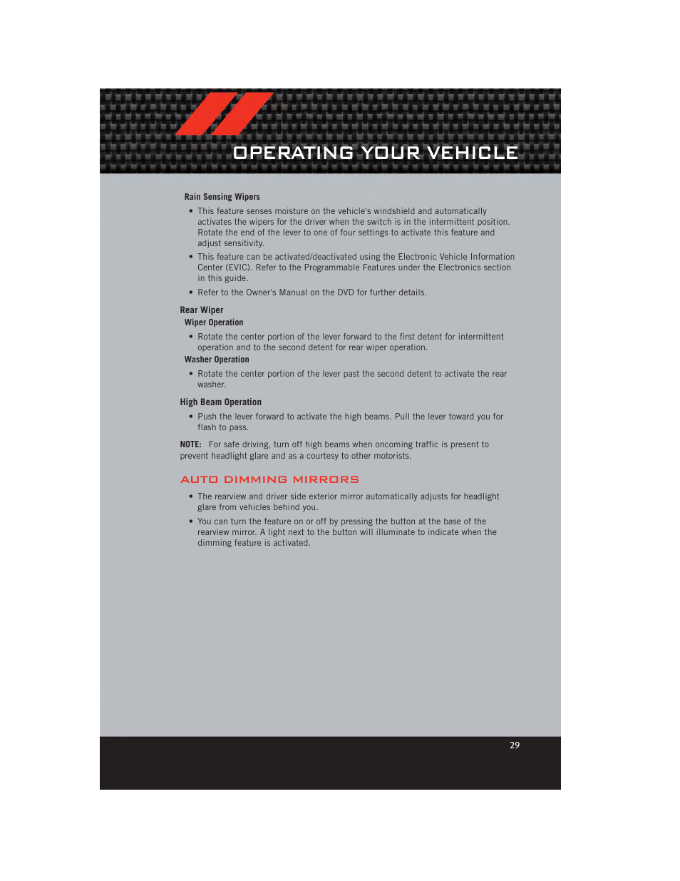 Rear wiper, High beam operation, Auto dimming mirrors | Operating your vehicle | Dodge 2012 Durango - User Guide User Manual | Page 31 / 140