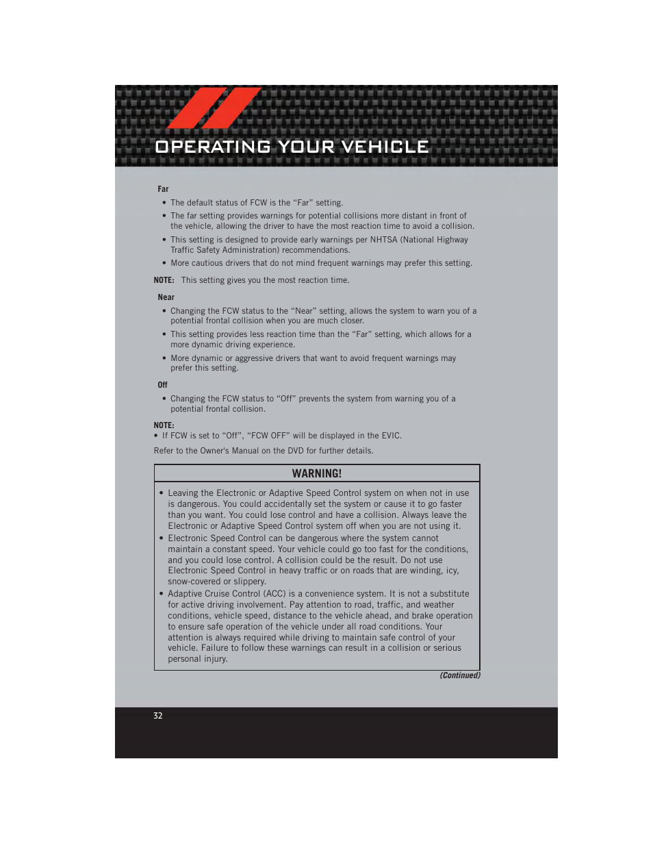 Operating your vehicle, Warning | Dodge 2012 Durango - User Guide User Manual | Page 34 / 140