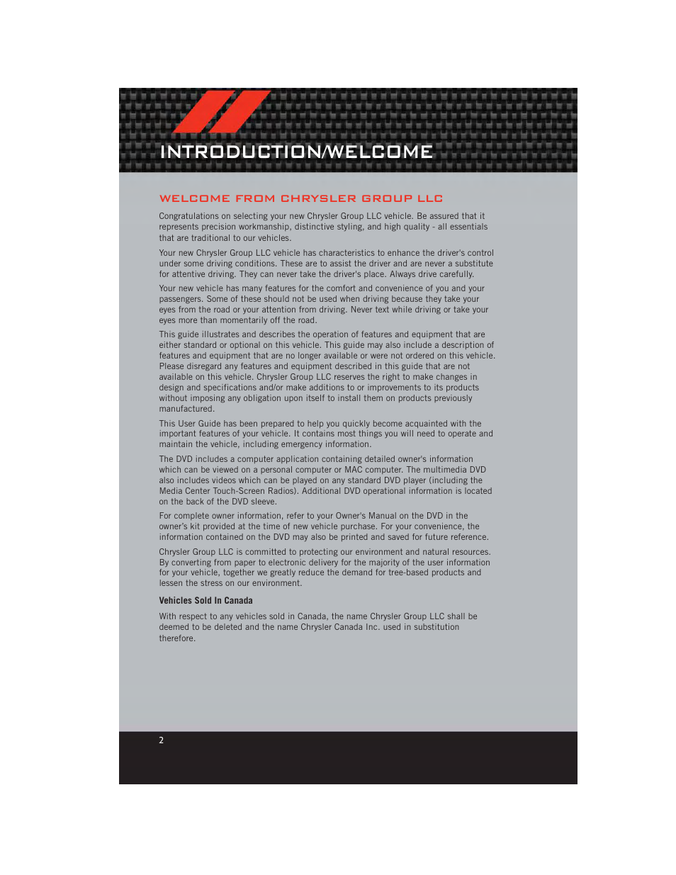 Introduction/welcome, Welcome from chrysler group llc, Vehicles sold in canada | Dodge 2012 Durango - User Guide User Manual | Page 4 / 140