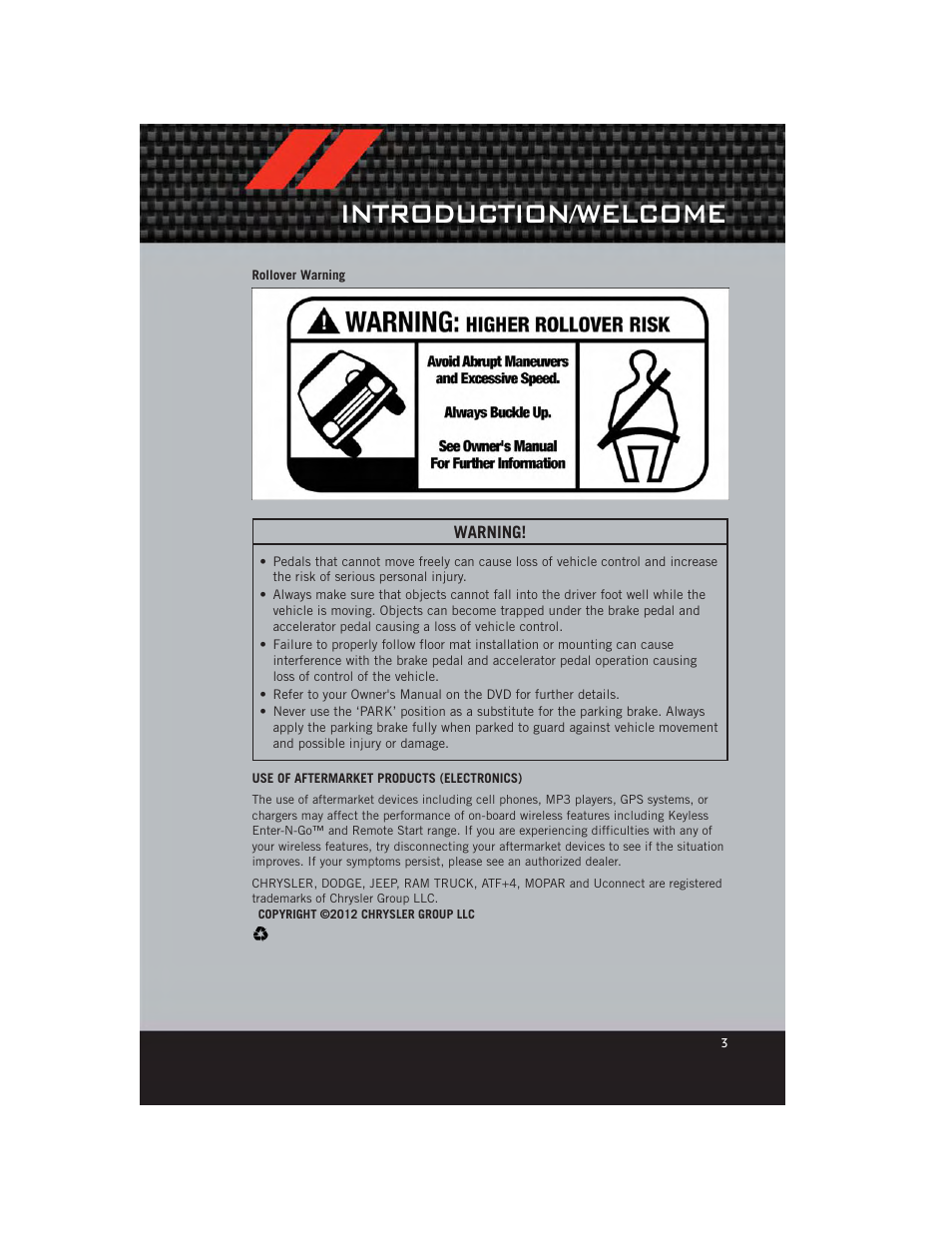 Rollover warning, Use of aftermarket products (electronics), Introduction/welcome | Dodge 2012 Durango - User Guide User Manual | Page 5 / 140