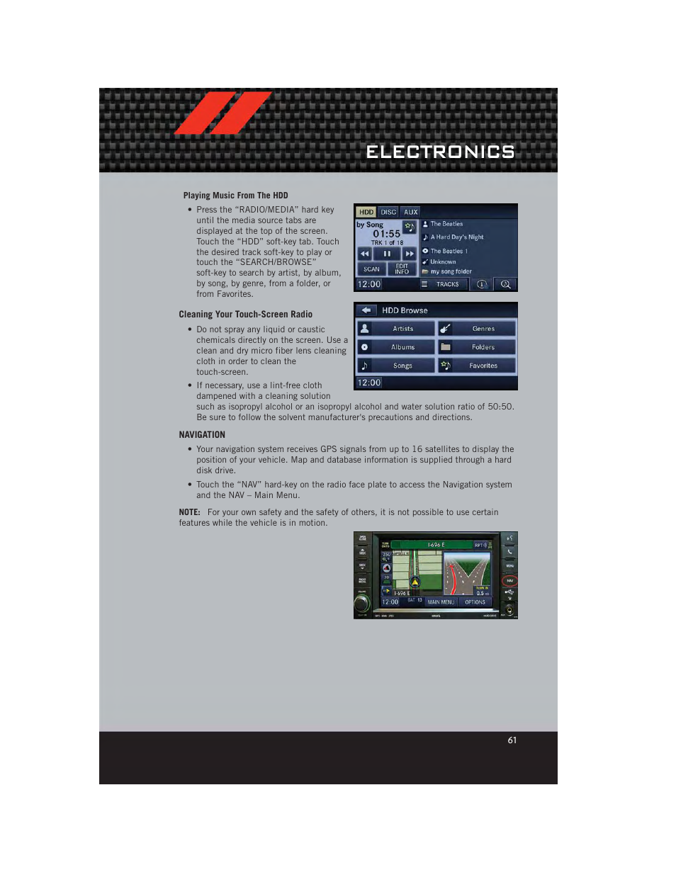 Cleaning your touch-screen radio, Navigation, Electronics | Dodge 2012 Durango - User Guide User Manual | Page 63 / 140