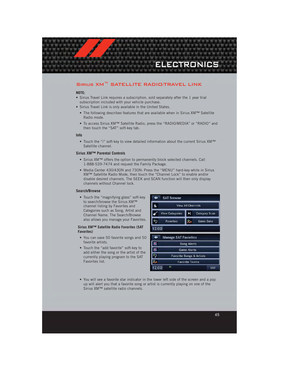 Sirius xm™ satellite radio/travel link, Info, Sirius xm™ parental controls | Search/browse, Electronics | Dodge 2012 Durango - User Guide User Manual | Page 67 / 140