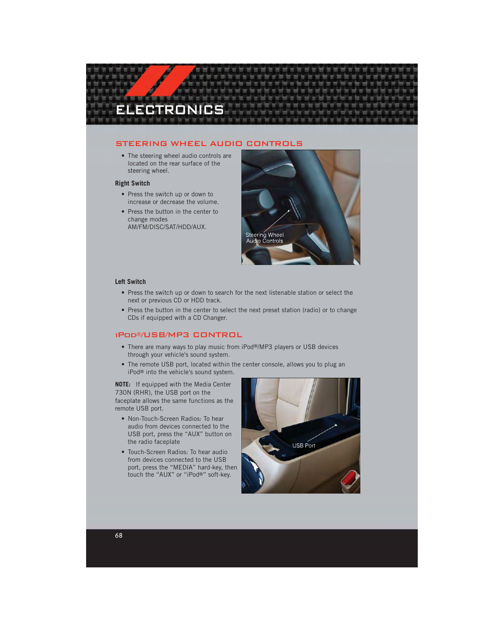 Steering wheel audio controls, Right switch, Left switch | Ipod®/usb/mp3 control, Electronics, Ipod, Usb/mp3 control | Dodge 2012 Durango - User Guide User Manual | Page 70 / 140