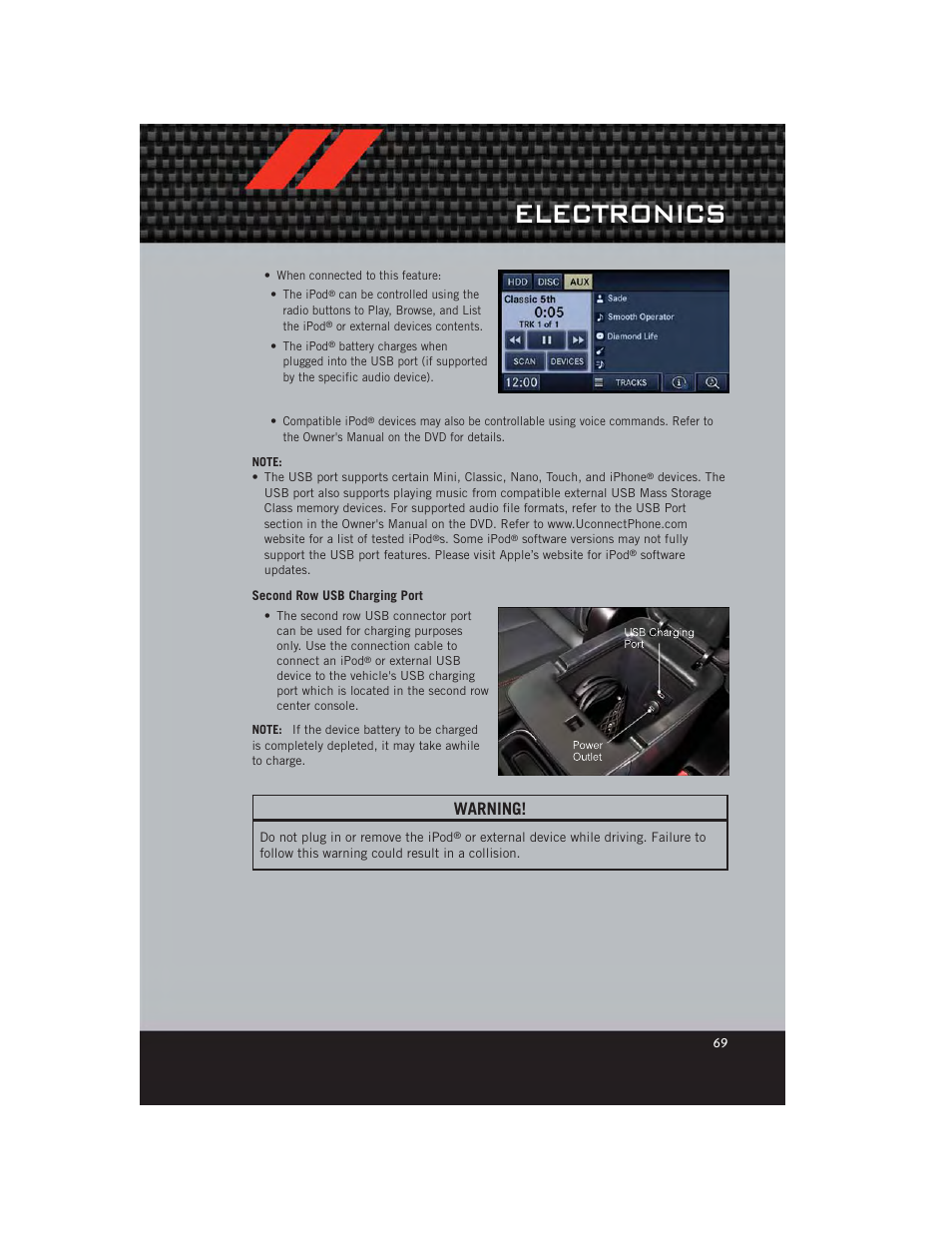 Second row usb charging port, Electronics, Warning | Dodge 2012 Durango - User Guide User Manual | Page 71 / 140