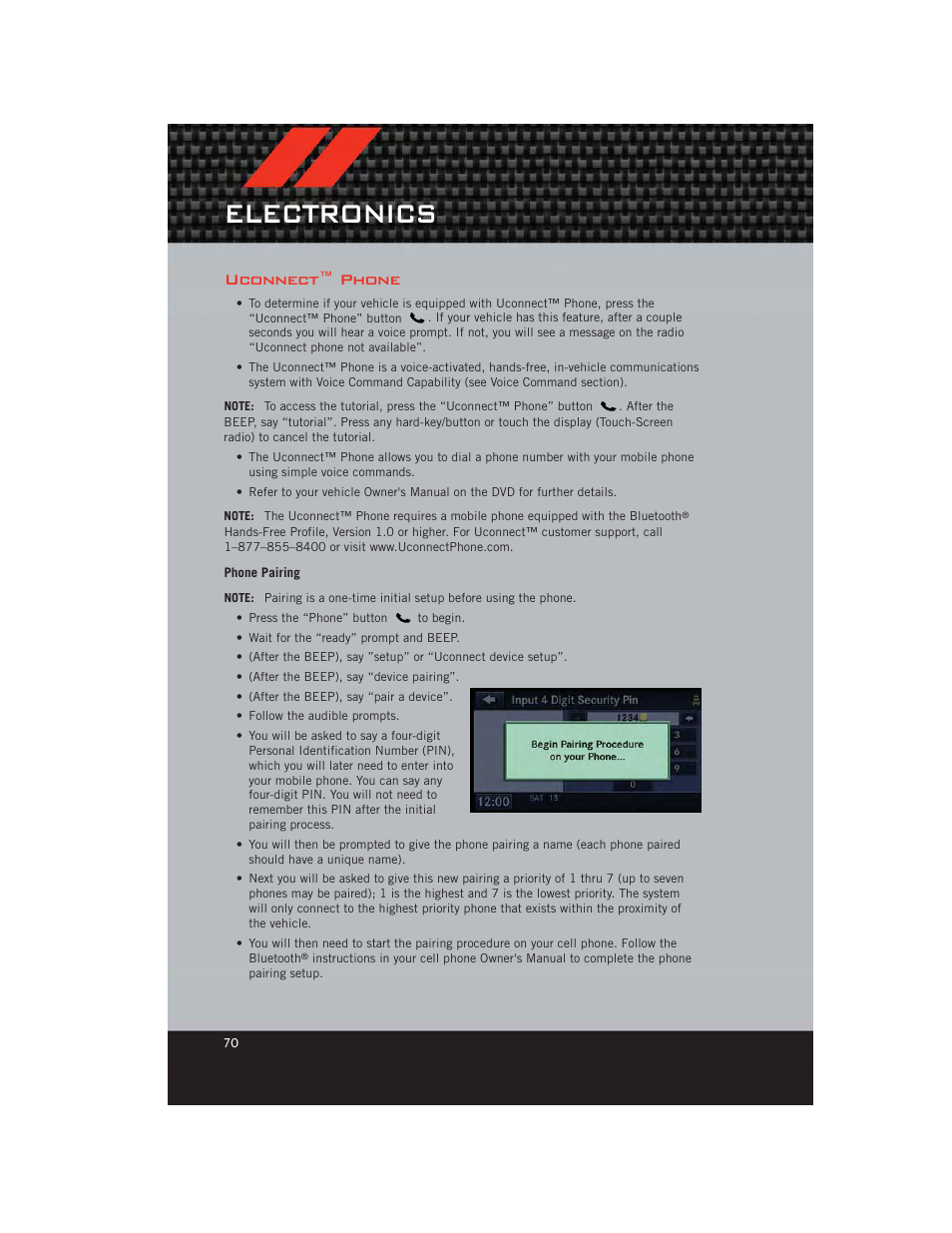 Uconnect™ phone, Phone pairing, Electronics | Dodge 2012 Durango - User Guide User Manual | Page 72 / 140