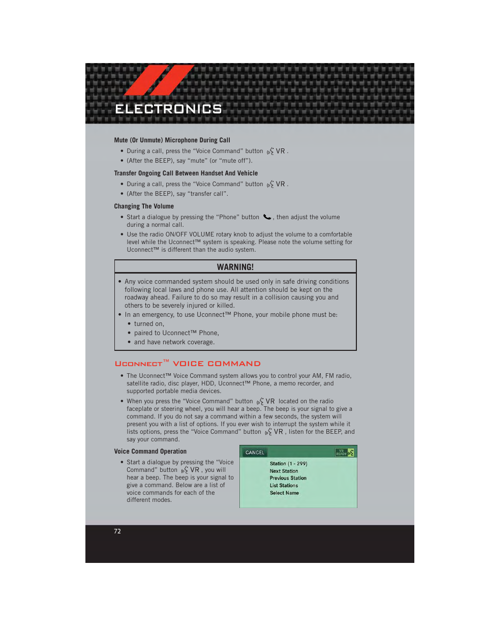 Mute (or unmute) microphone during call, Transfer ongoing call between handset and vehicle, Changing the volume | Uconnect™ voice command, Voice command operation, Electronics, Warning | Dodge 2012 Durango - User Guide User Manual | Page 74 / 140