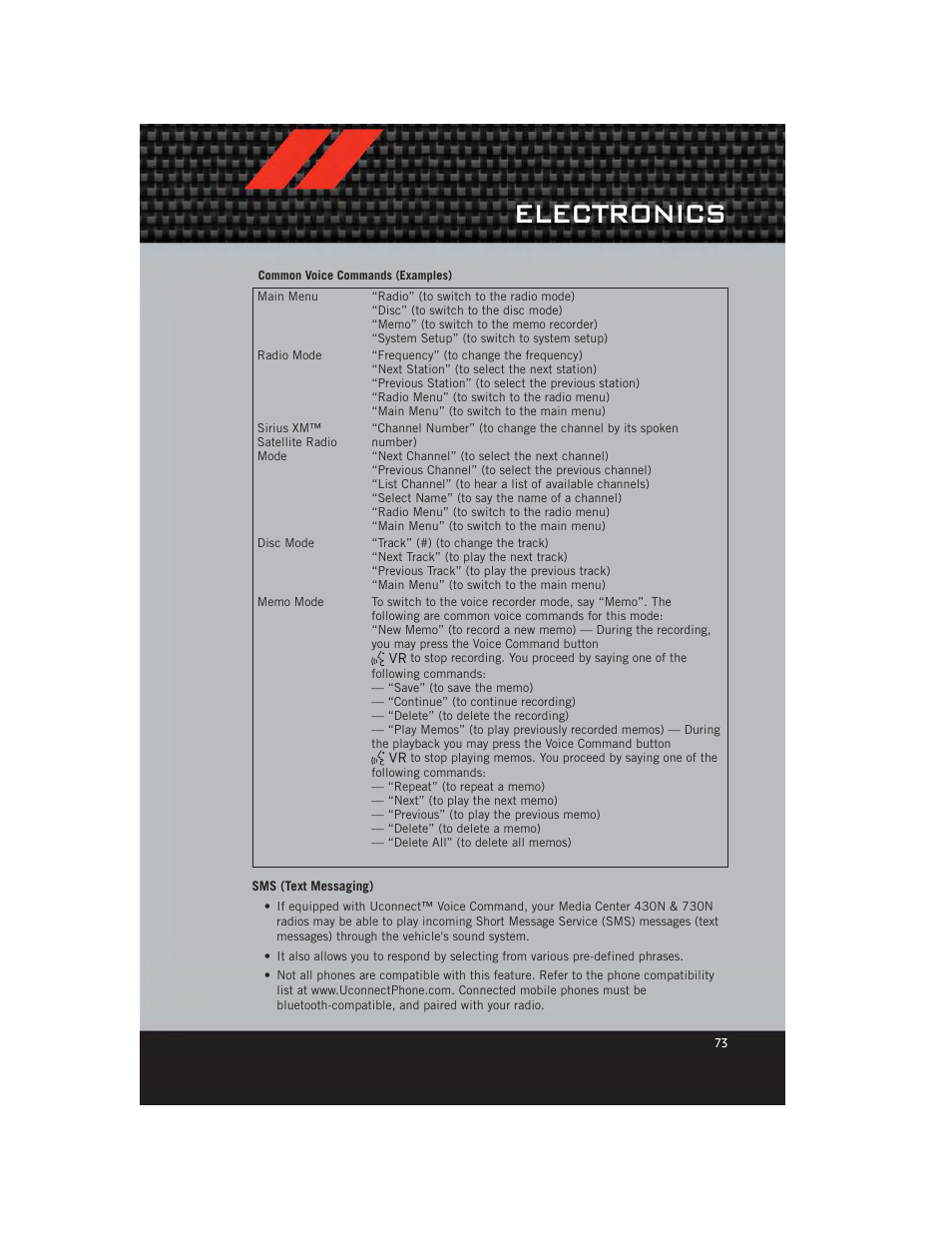 Sms (text messaging), Electronics | Dodge 2012 Durango - User Guide User Manual | Page 75 / 140