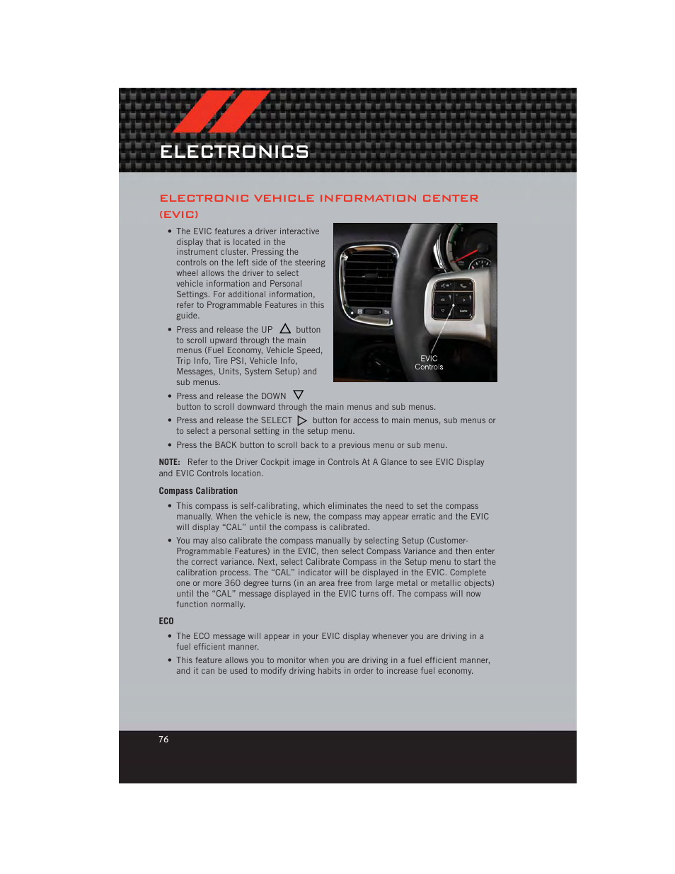 Electronic vehicle information center (evic), Compass calibration, Electronics | Dodge 2012 Durango - User Guide User Manual | Page 78 / 140