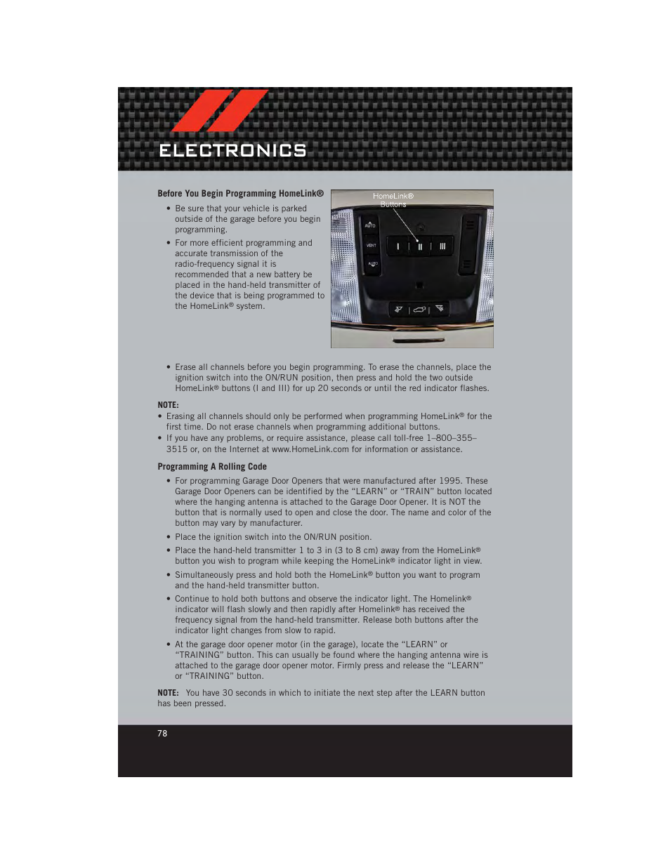 Before you begin programming homelink, Programming a rolling code, Electronics | Dodge 2012 Durango - User Guide User Manual | Page 80 / 140