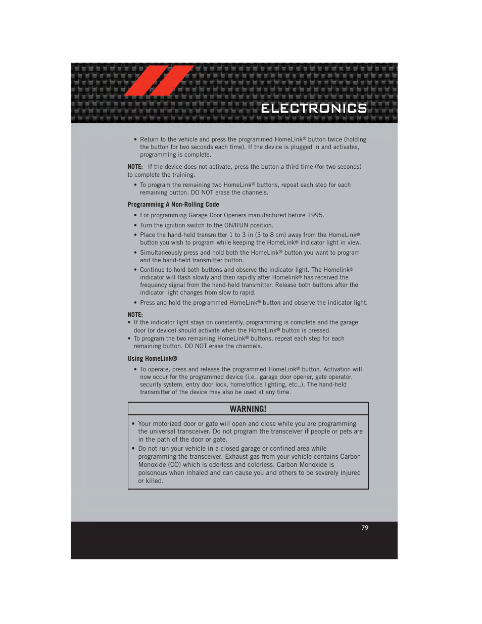 Programming a non-rolling code, Using homelink, Electronics | Warning | Dodge 2012 Durango - User Guide User Manual | Page 81 / 140