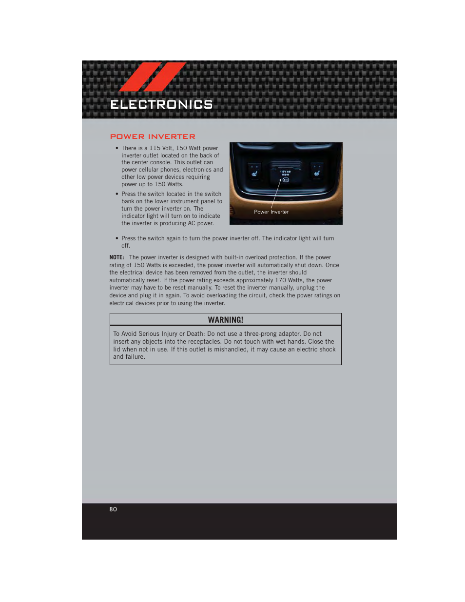 Power inverter, Electronics | Dodge 2012 Durango - User Guide User Manual | Page 82 / 140