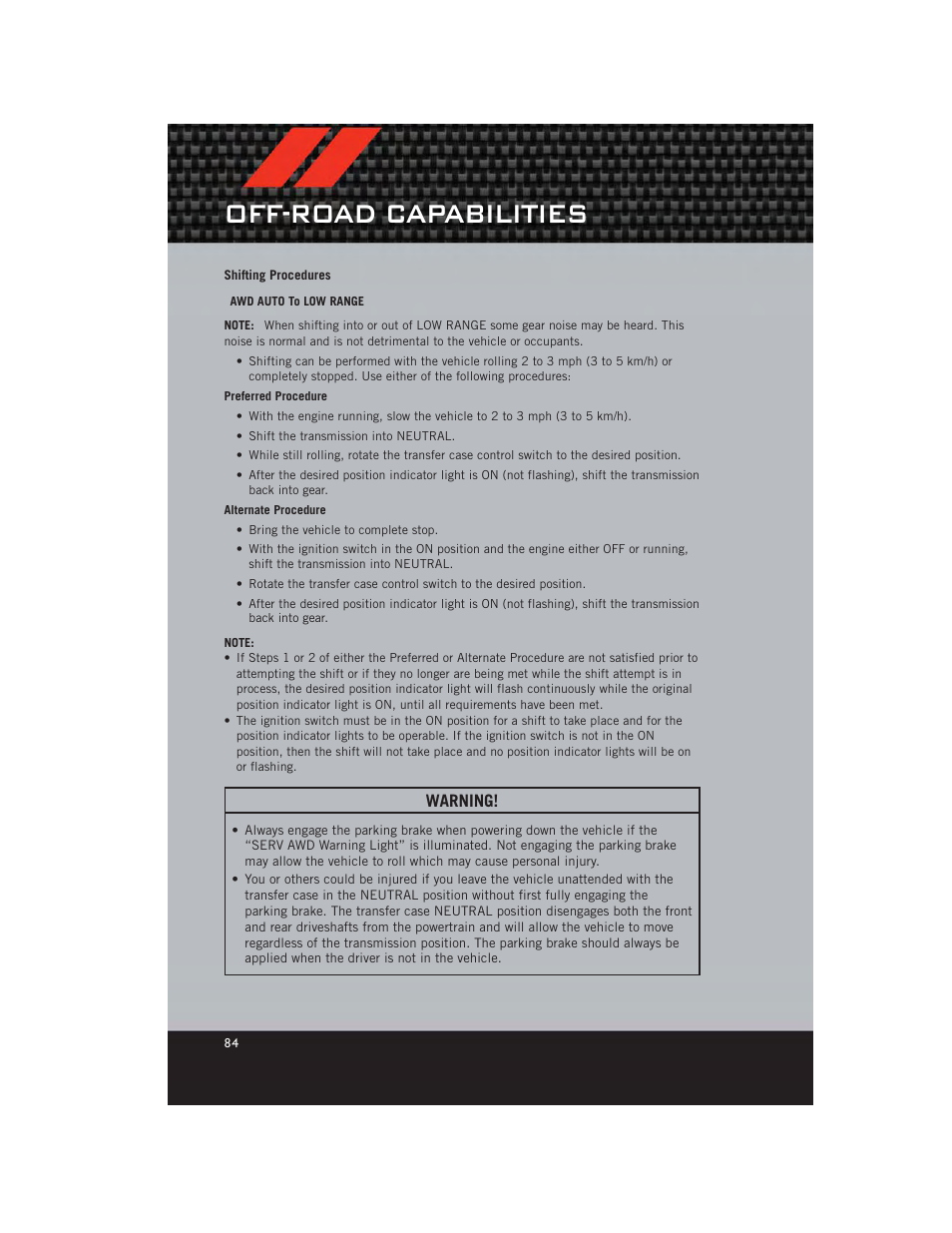 Shifting procedures, Off-road capabilities, Warning | Dodge 2012 Durango - User Guide User Manual | Page 86 / 140