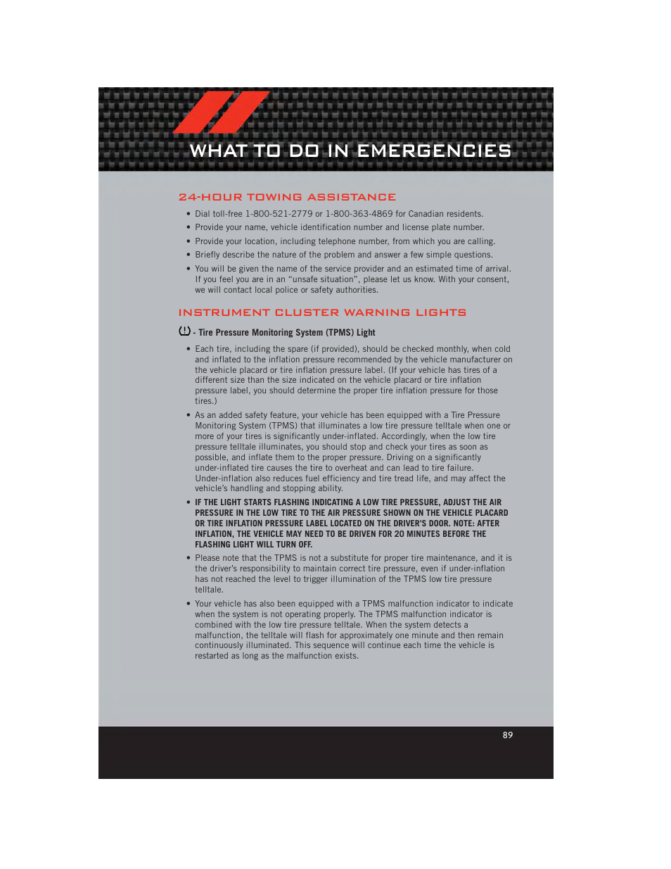 What to do in emergencies, Hour towing assistance, Instrument cluster warning lights | Tire pressure monitoring system (tpms) light | Dodge 2012 Durango - User Guide User Manual | Page 91 / 140